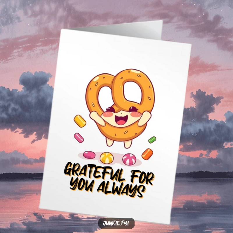 Funny Free Printable Thank You Card: Adorable pretzel character catching candy, a sweet and humorous way to say thanks.