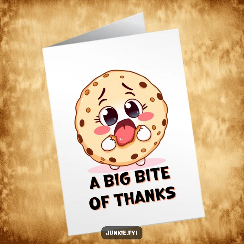 Funny Free Printable Thank You Card: An excited food character with big eyes takes a huge bite from a giant cookie, expressing thanks.
