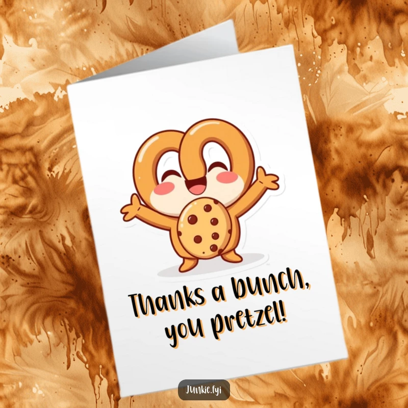 Funny Free Printable Thank You Card: Glee Pretzel Joyfully Consuming a Cookie, Expressing Gratitude.