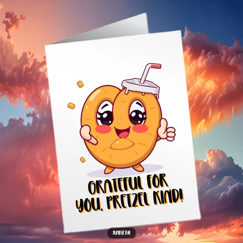 Funny Free Printable Thank You Card: A smiling pretzel desperately reaching for soda, conveying deep gratitude.
