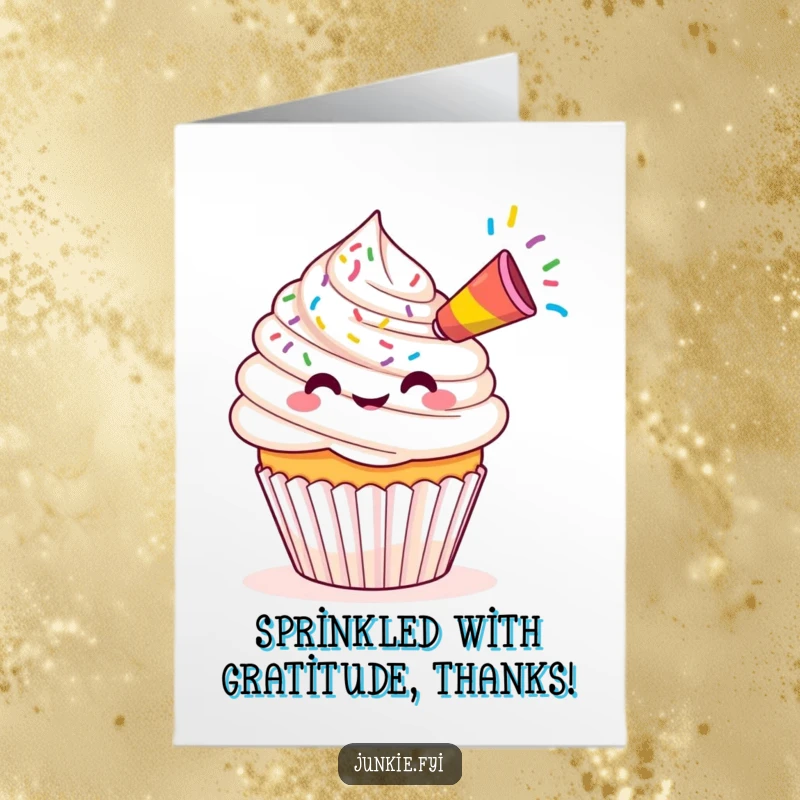Funny Free Printable Thank You Card: A charming Kawaii cupcake shoots colorful sprinkles from a tiny party horn with a smile.