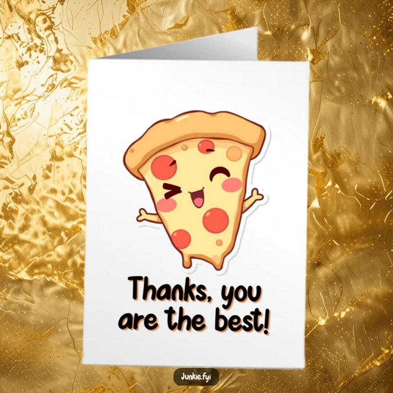 Funny Free Printable Thank You Card of a mischievous pizza slice character giving a knowing, playful wink.