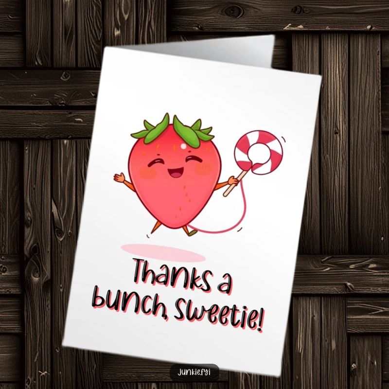 Funny Free Printable Thank You Card: A giggling strawberry jumps rope with a licorice string with joy.