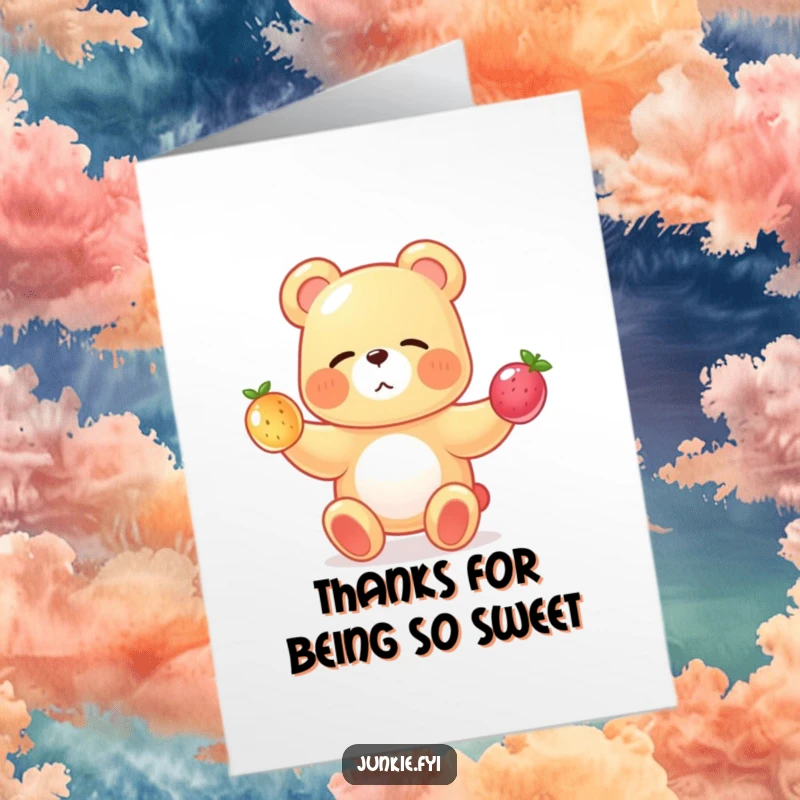 Funny Free Printable Thank You Card with a winking gummy bear juggling three translucent fruits, conveying playful appreciation.