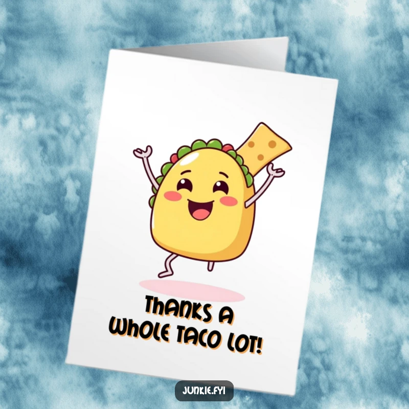 Funny Free Printable Thank You Card: A happy taco with legs dancing with a chip, beaming with gratitude!