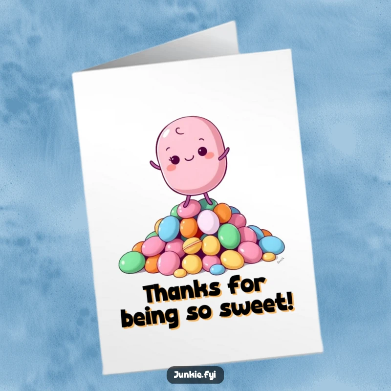 Funny free printable thank you card featuring a content macaron character artfully balancing on a stack of vibrant candies.