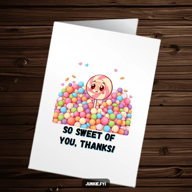 Funny Free Printable Thank You Card: A surprised lollipop character faces a massive candy stash, showing immense gratitude.