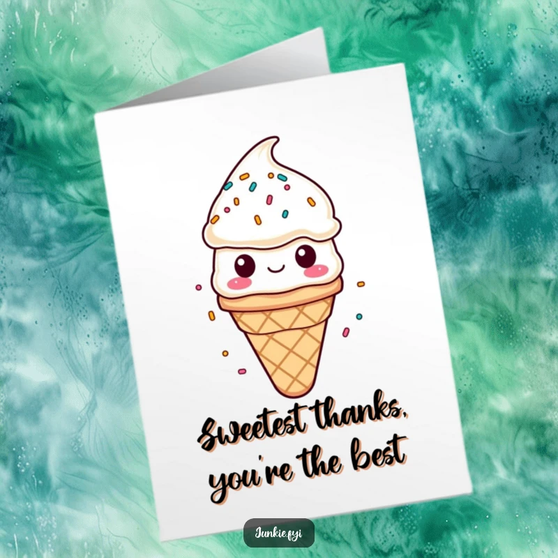 Funny Free Printable Thank You Card: A content ice cream cone character showered with sprinkles, conveying heartfelt thanks warmly.