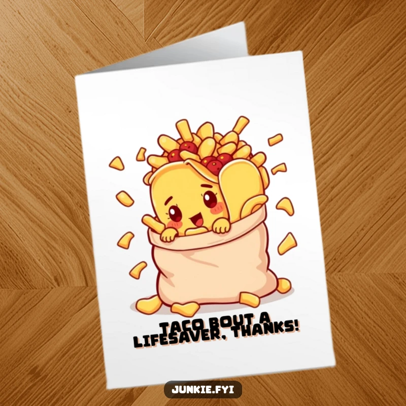 Funny Free Printable Thank You Card: Curious taco character peeks from a chip bag, expressing thanks with a snacky charm.