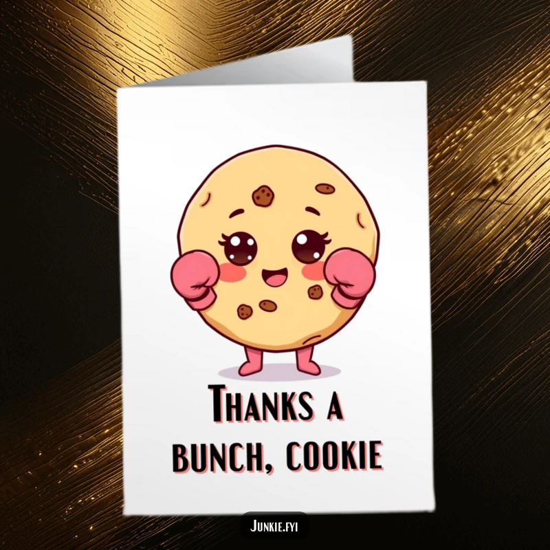 Funny free printable thank you card of a delighted cookie character wearing tiny boxing gloves.