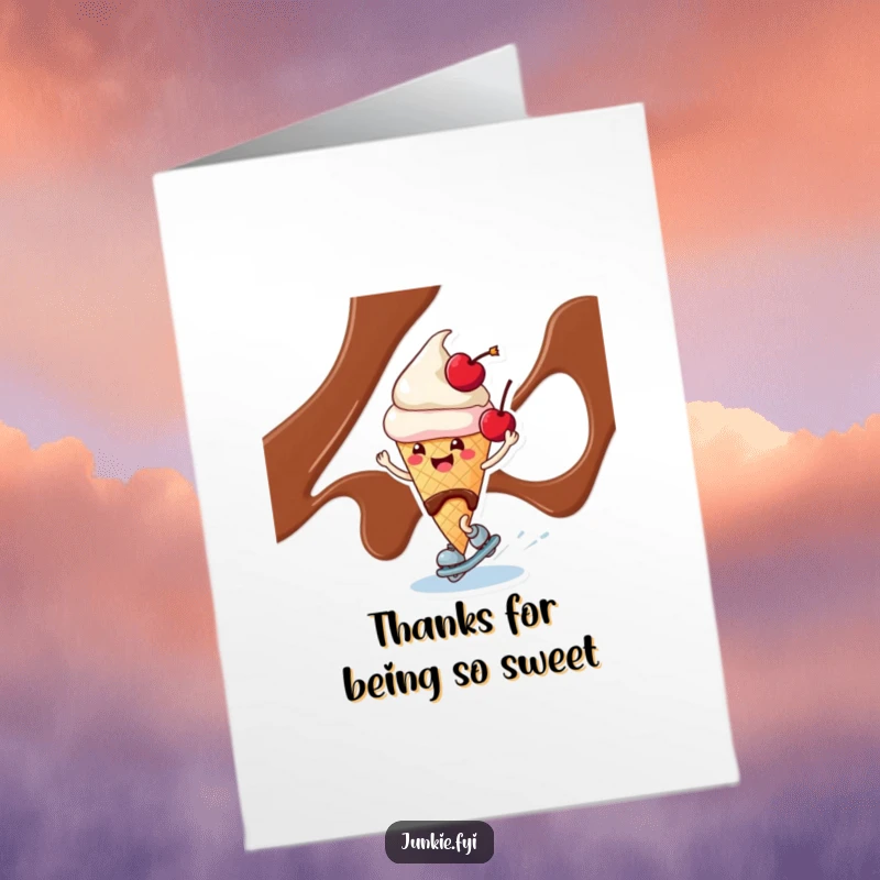 Funny free printable thank you card with a cheerful ice cream cone character skating on chocolate syrup.