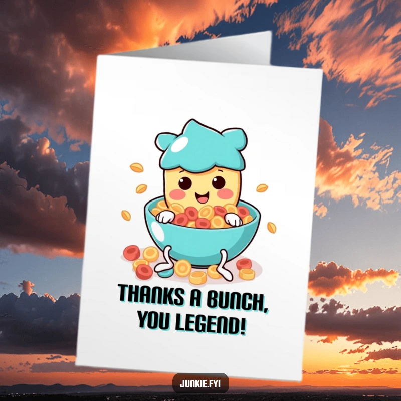 Funny Free Printable Thank You Card: Wiggly food character giving a big thank you by diving into a cereal bowl.