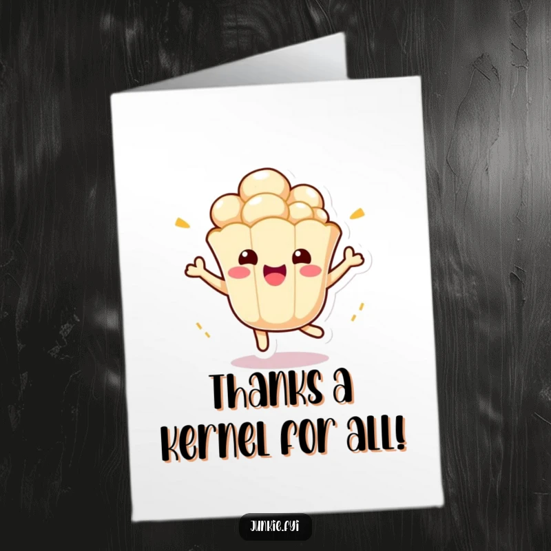 Funny Free Printable Thank You Card: A cute kawaii popcorn kernel character bouncing with excitement to say thank you.