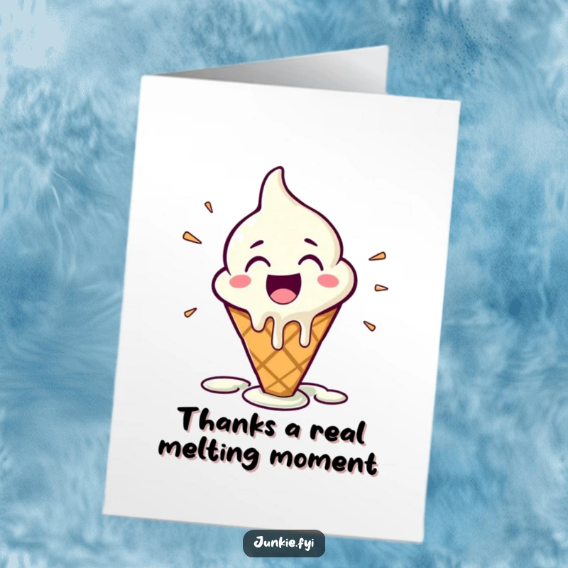Funny Free Printable Thank You Card of an excited ice cream cone character melting slightly, conveying sweet and happy gratitude.