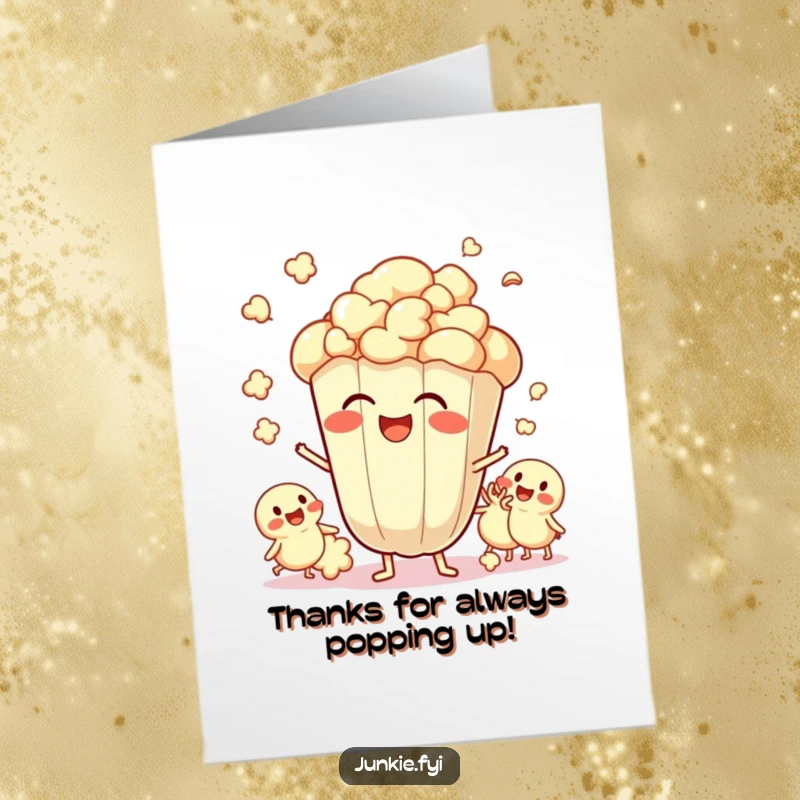 Funny free printable thank you card showing a popcorn kernel character giggling and surrounded by friends, expressing thanks.