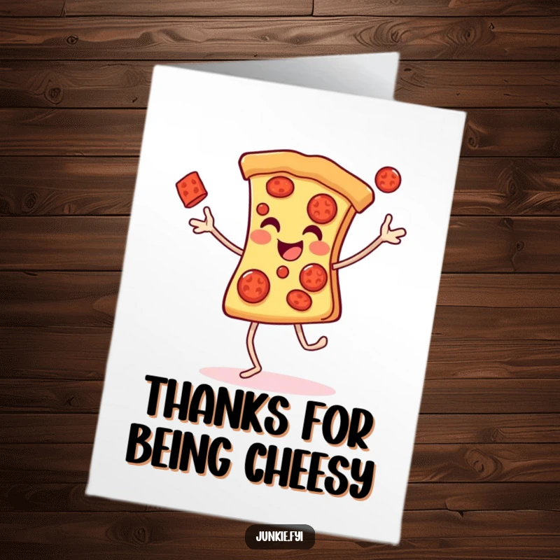 Funny Free Printable Thank You Card: A cheerful pizza slice with legs happily juggling pepperonis as thanks.