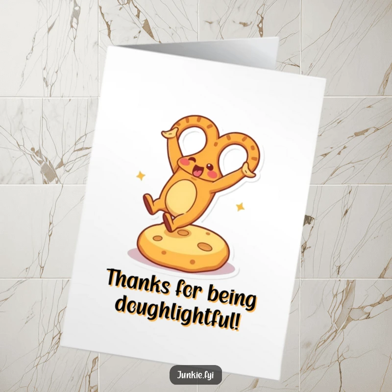Funny Free Printable Thank You Card: Energetic pretzel doing a cartwheel on cheese, a unique DIY gift.