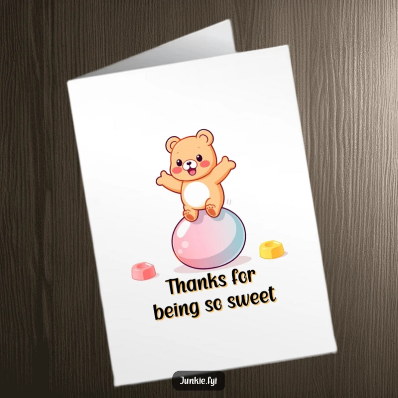 Funny free printable thank you card of a bouncy gummy bear character gleefully bouncing on a giant jellybean.