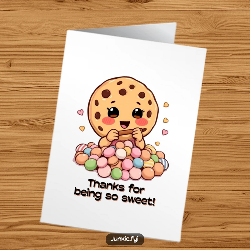 Funny Free Printable Thank You Card: A happy cookie plays a tiny flute, charming a pile of sweet candies with its music.