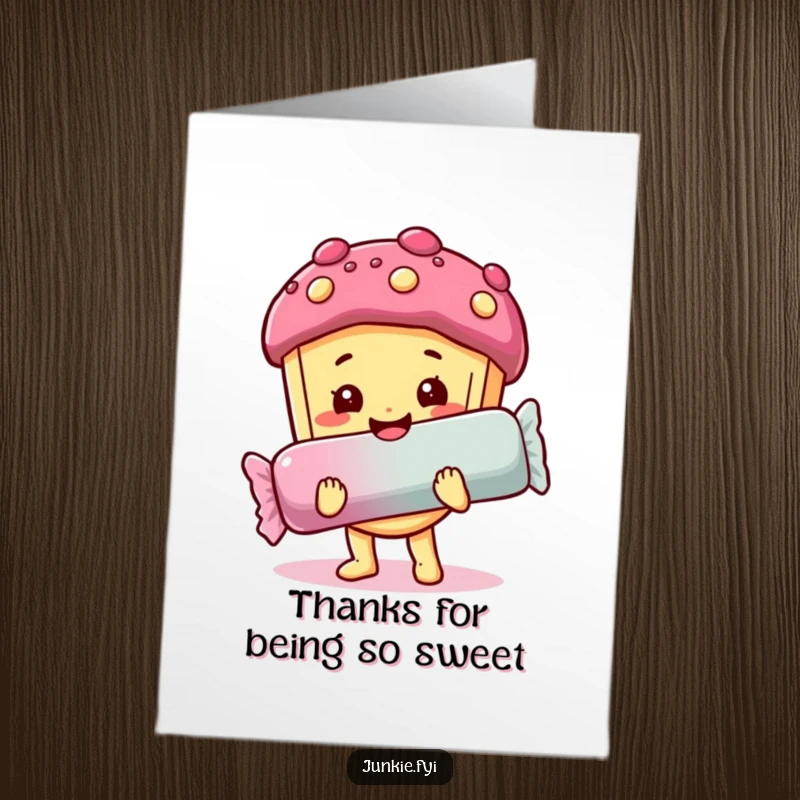 Funny Free Printable Thank You Card: Happy food character beams, holding a giant candy bar, expressing gratitude in a sweet, humorous way.