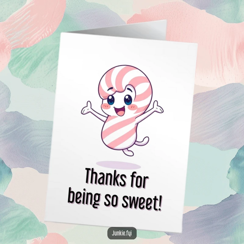 Free Printable Thank You Card: A cheerful candy cane character enthusiastically twirling, perfect for DIY thanks.