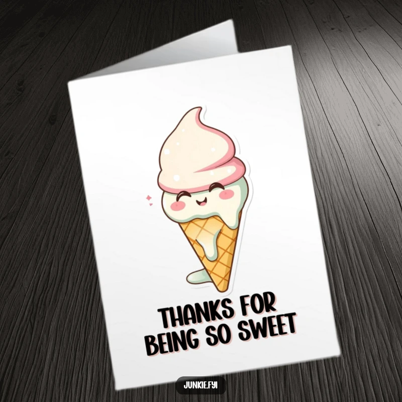 Funny Free Printable Ice Cream Cone Thank You Card, character melting happily, perfect for sweet gratitude, downloadable art.