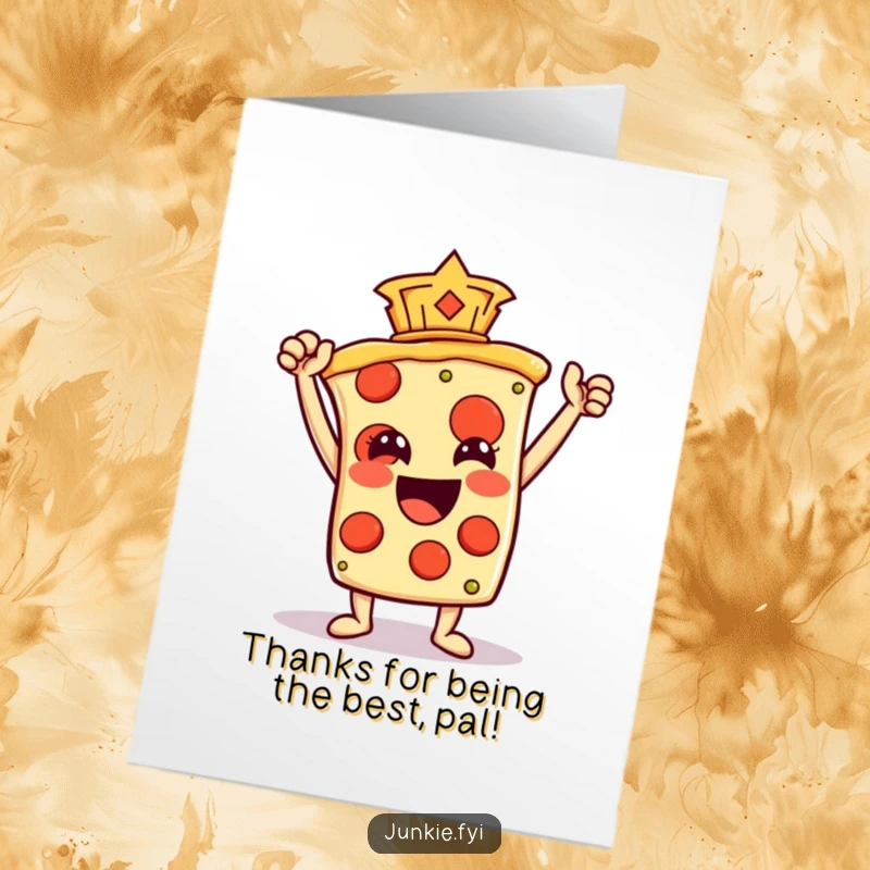 Funny free printable thank you card featuring a pizza slice character holding a pepperoni trophy to express thanks.
