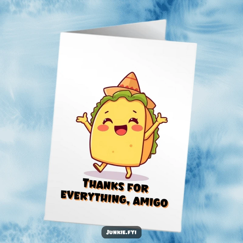 Funny Free Printable Thank You Card: A delighted taco character doing a silly dance with a tiny sombrero, saying thanks.