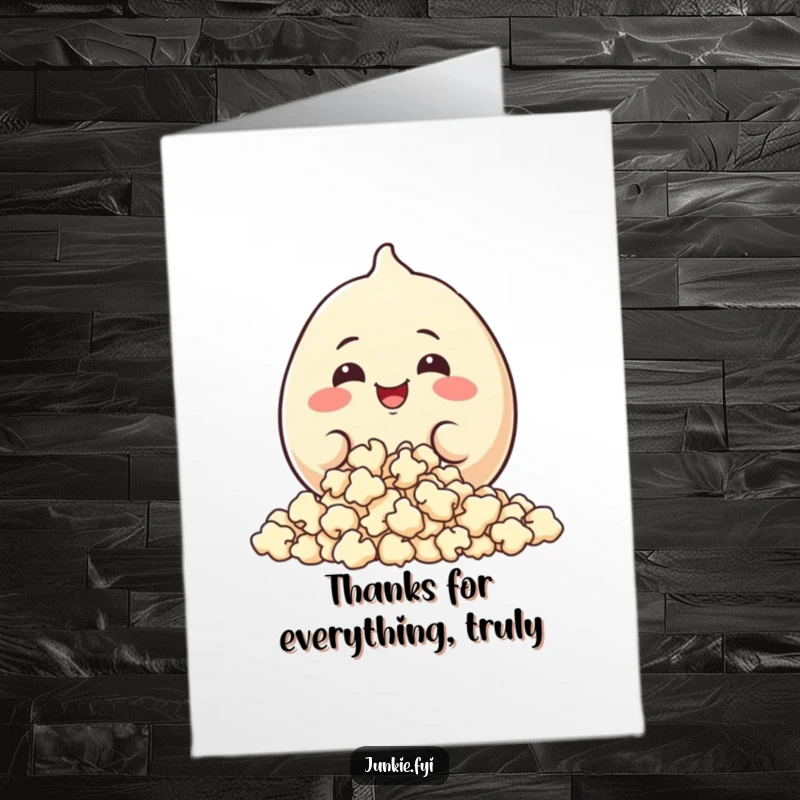 Funny Free Printable Thank You Card: A plump food character happily munching popcorn, showing sincere thanks.
