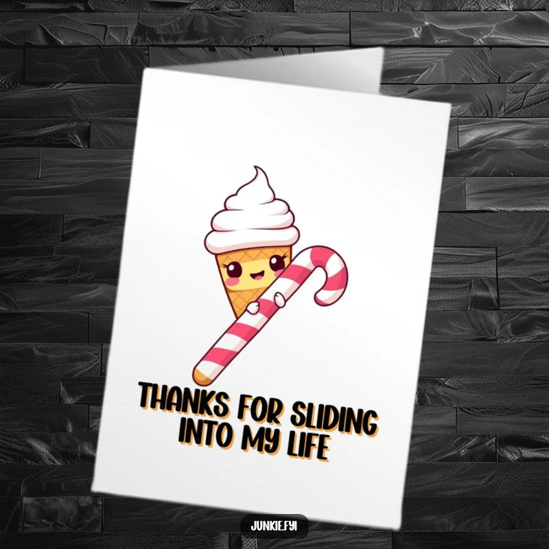 Funny Free Printable Thank You Card: Ice cream cone humorously slides down a candy cane to say thanks.