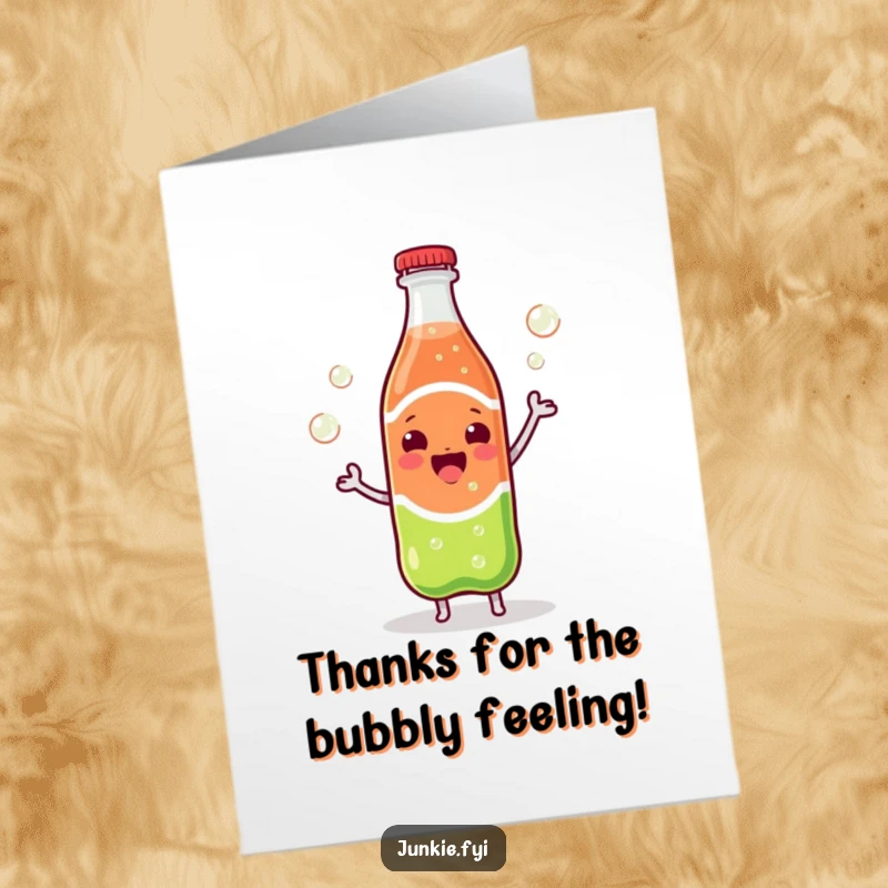 Funny Free Printable Thank You Card: A cheerful Kawaii soda bottle does a little dance, letting out vigorous bubbles.