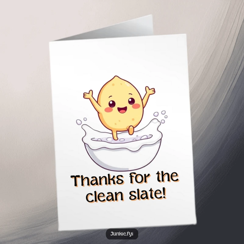 Funny Free Printable Thank You Card: Gleeful food character with tiny legs leaping into a bubbly milk bath, expressing thanks.