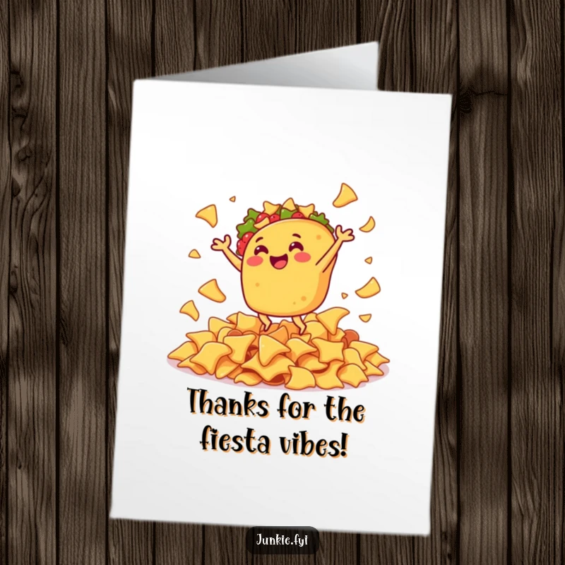 Funny Free Printable Thank You Card: A gleeful taco happily jigs in a lively celebration amidst a pile of nacho chips.