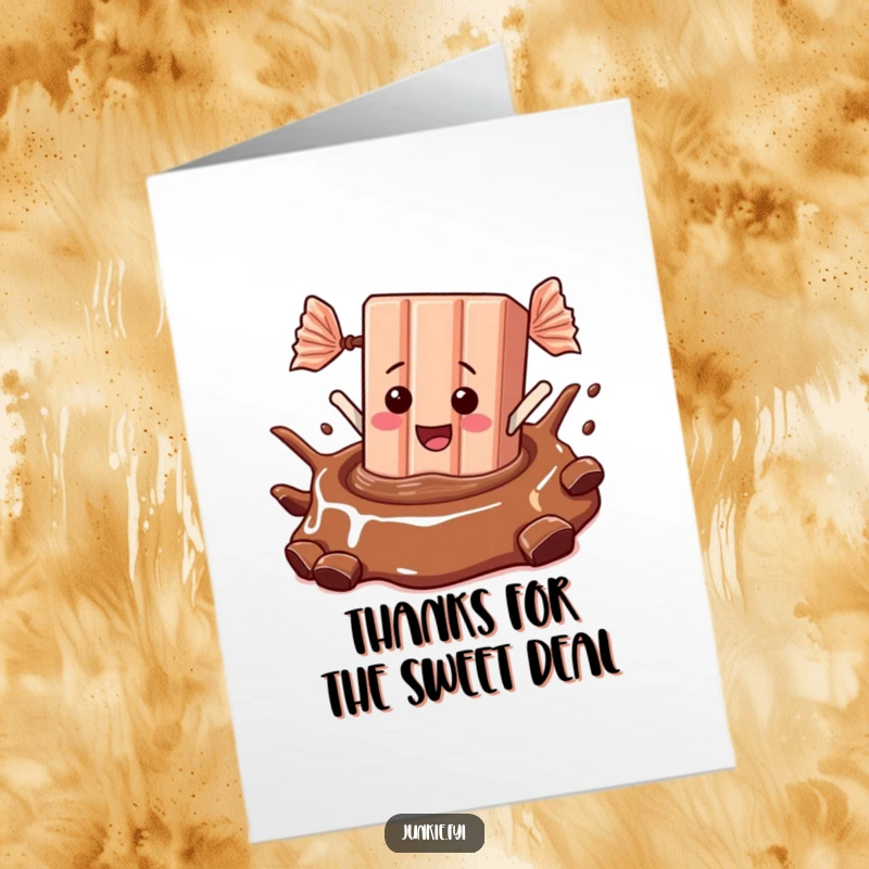 Funny Free Printable Thank You Card depicting a giddy candy bar gleefully plunging into a luscious pool of chocolate.