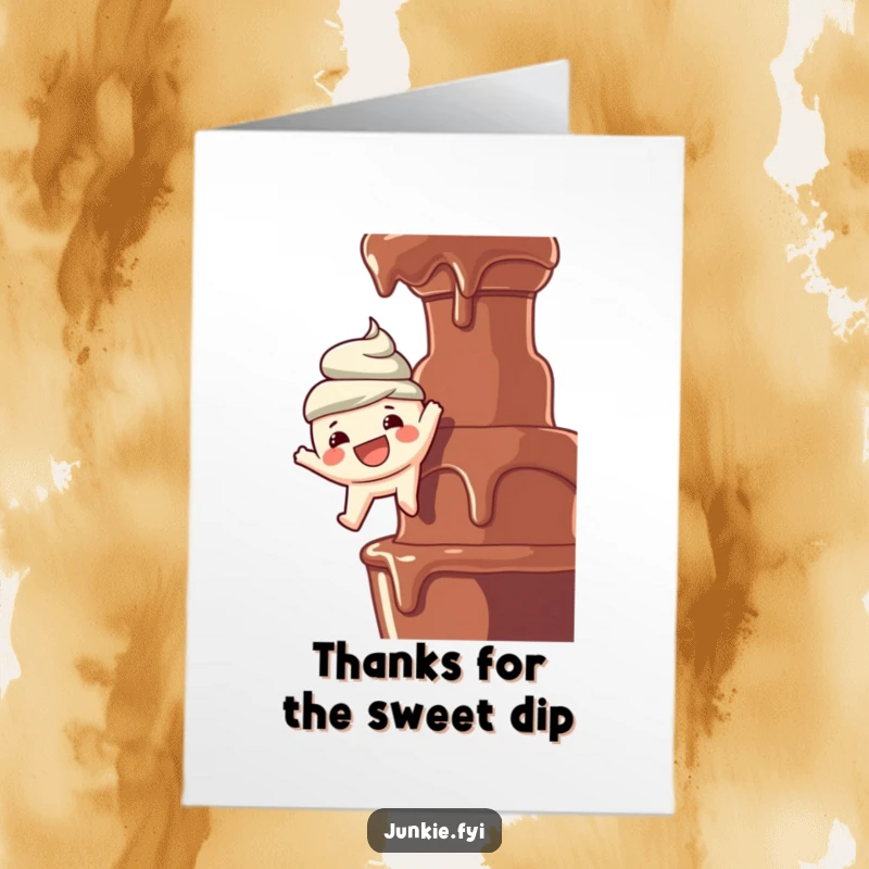 Funny Free Printable Thank You Card: Joyful food character dangles over a chocolate fountain, expressing thanks in a deliciously risky way.