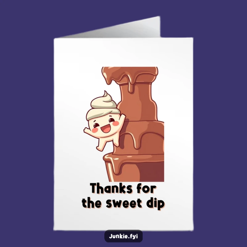 Free Printable Thank You Card: Food Character Dangles Over Chocolate Fountain - Humorous Download