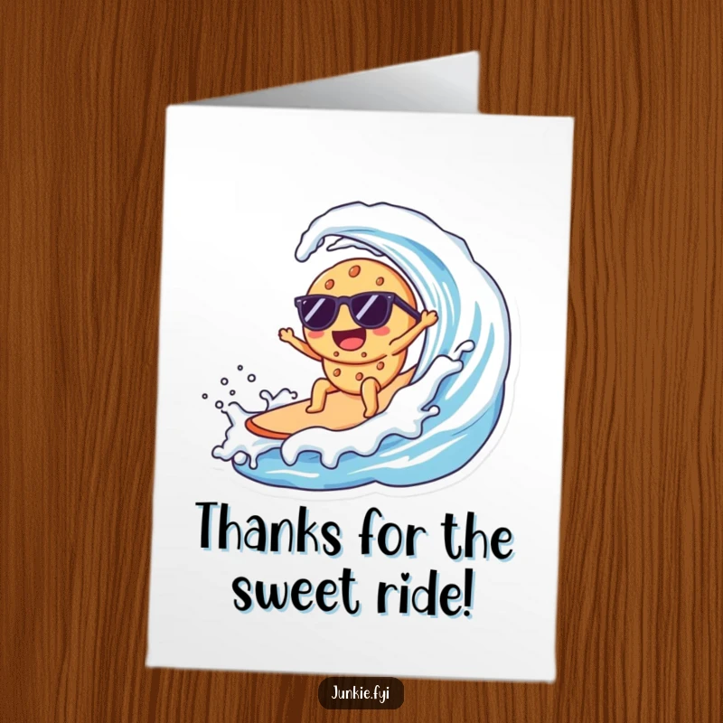 Funny Free Printable Thank You Card: A happy Kawaii cookie astride sunglasses surfs a giant milk wave with gusto.