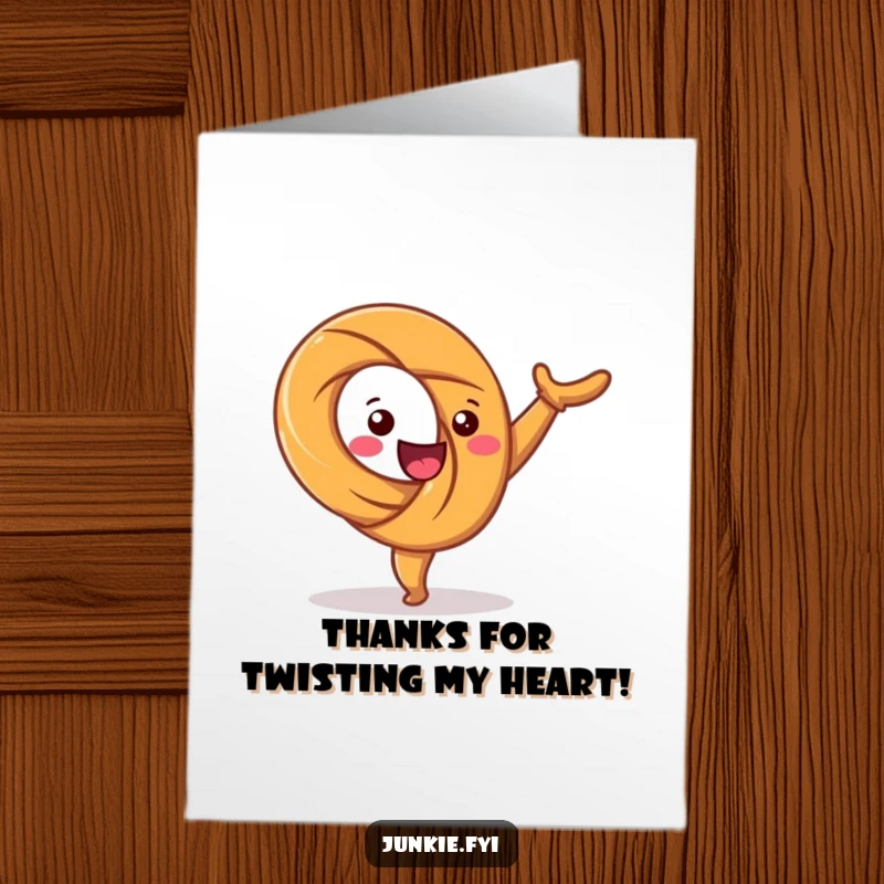 Funny Free Printable Thank You Card: A happy pretzel character twists mid-cartwheel, embodying pure, salty glee.