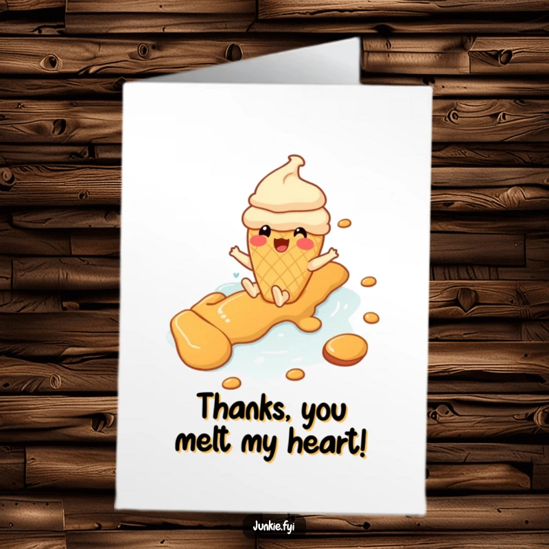 Funny Free Printable Thank You Card: Cheerful Ice Cream Cone Character Gleefully Sliding Down a Delicious Caramel River.