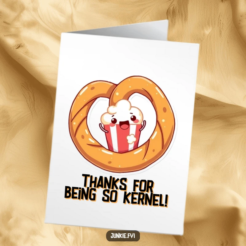 Funny Free Printable Thank You Card: A joyful pretzel twisting with happiness around a popcorn kernel, offering a unique and heartfelt thank you.