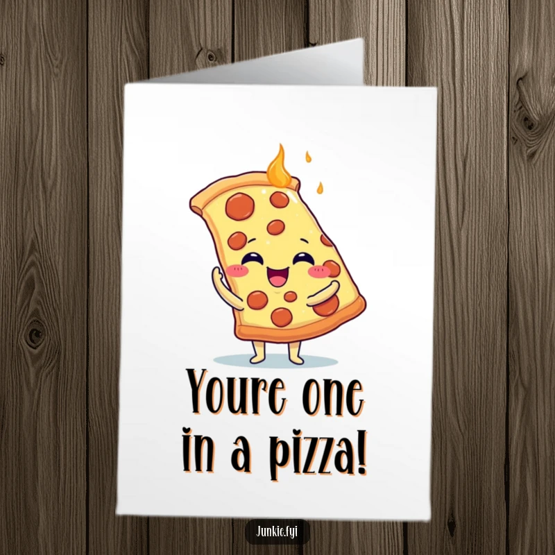 Funny Free Printable Thank You Card: A delighted food character lovingly hugging a giant slice of pizza, expressing thanks.