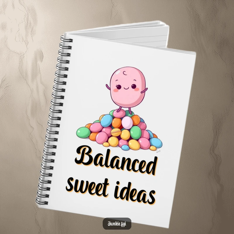 Funny Notebook with a content macaron character balancing on candies, perfect for jotting down sweet plans and ideas.