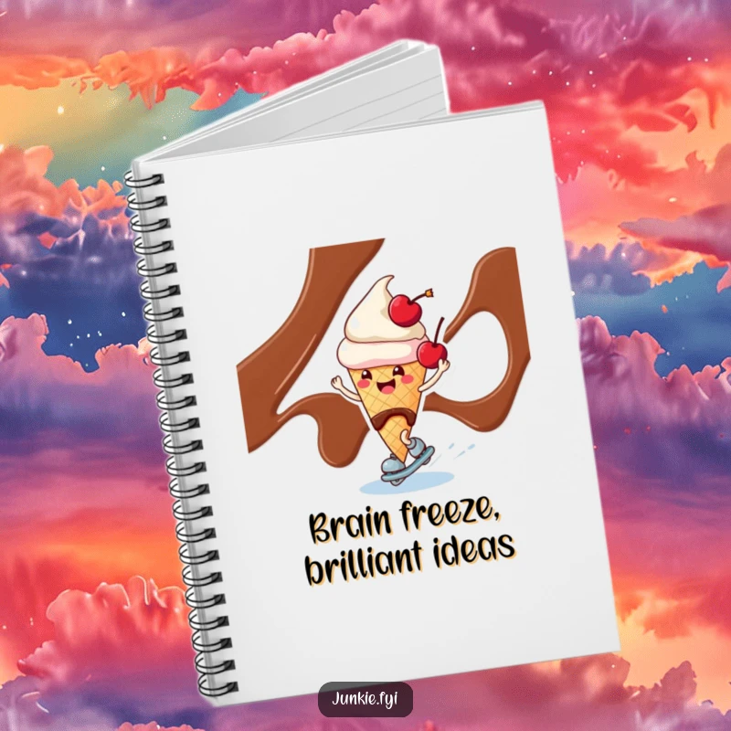 Funny ice cream cone character with a cherry, skating on chocolate syrup, on the cover of a handy notebook.