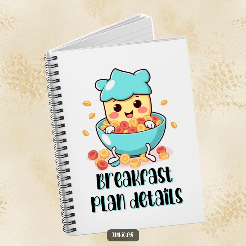 Funny Notebook: A food character with wiggly legs happily dives into a swirling bowl of breakfast cereal, ready for notes.