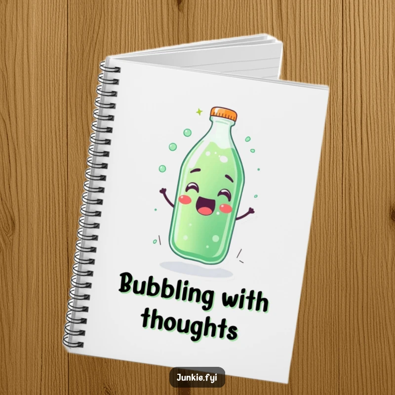 Funny notebook cover with a thrilled soda bottle character fizzing with happiness. Humorous stationery.