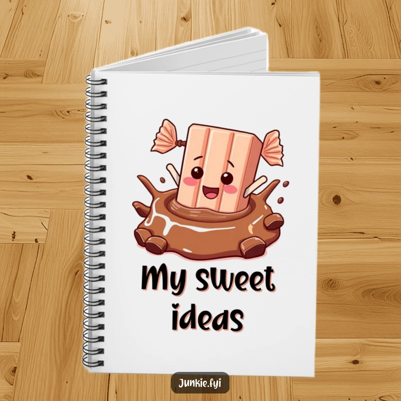 A candy bar dives into chocolate on this notebook cover, making note-taking a sweet and funny experience.