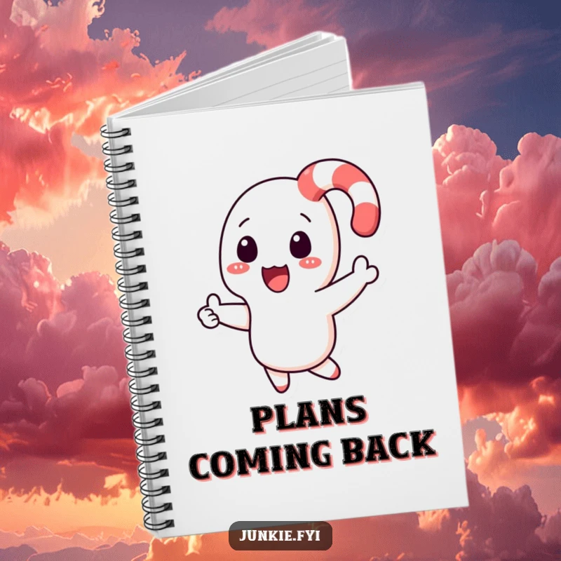 Funny candy cane character boomeranging back to a hand on the cover of a notebook, inspiring playful notes.