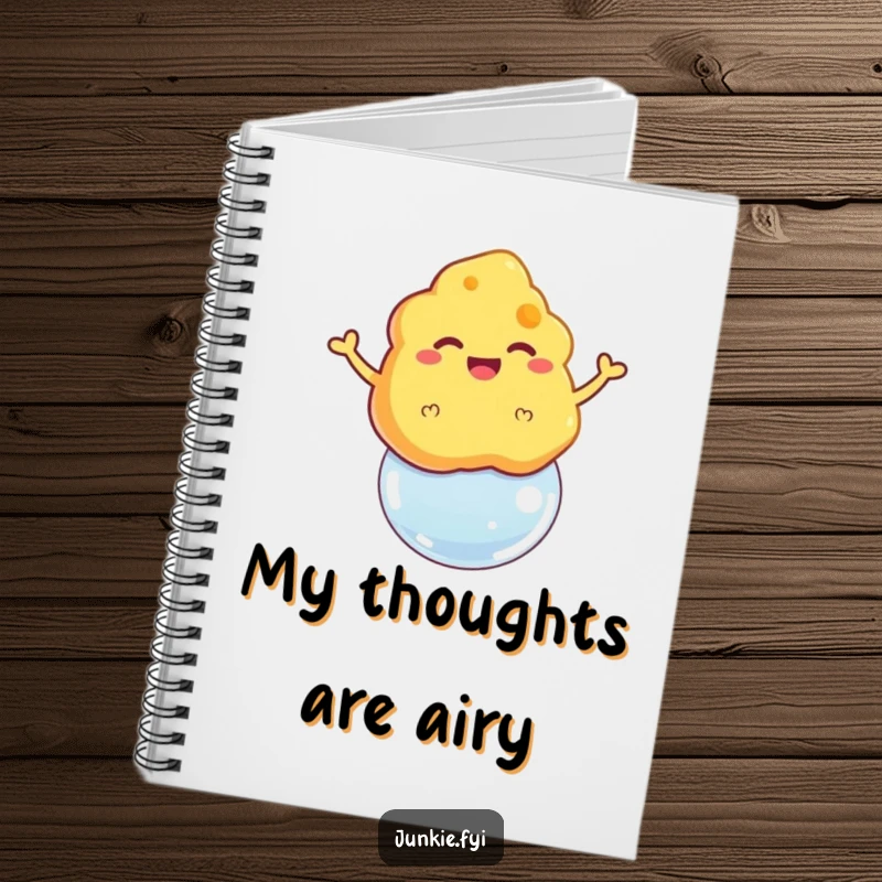 Funny notebook with a grinning cheese puff floating triumphantly on a bubble, perfect for snack-related notes.