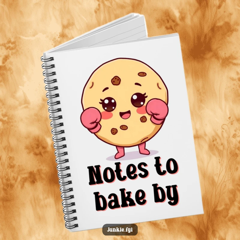 Funny cookie character with chip accents and tiny boxing gloves on the cover of a handy notebook.