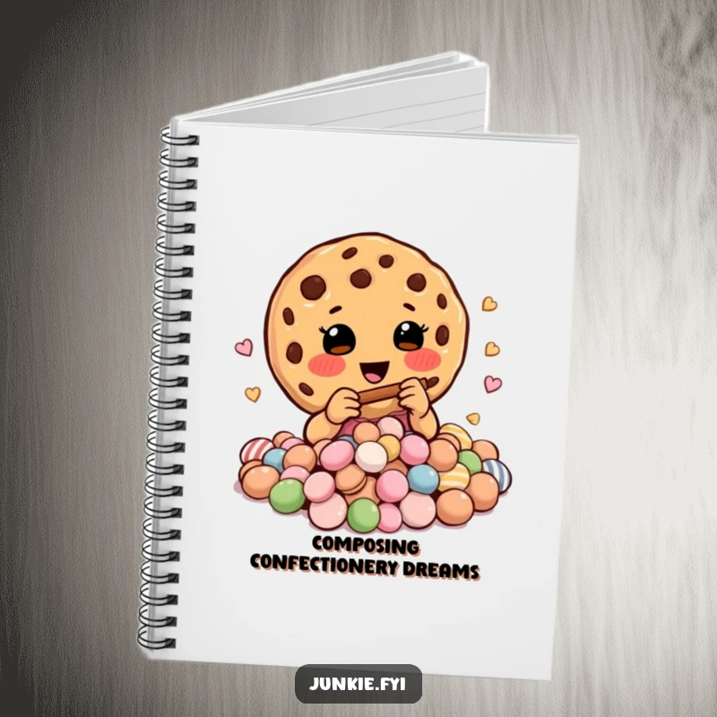 Funny notebook cover featuring a happy cookie charmer playing a tiny flute to a pile of colorful candies.